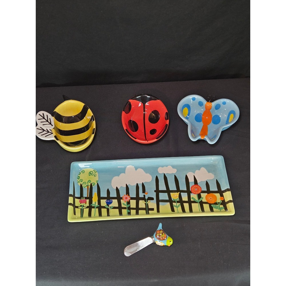 Boston Warehouse Garden Platter Set Bee Ladybug Butterfly‎ Bowls Bird Spreader
